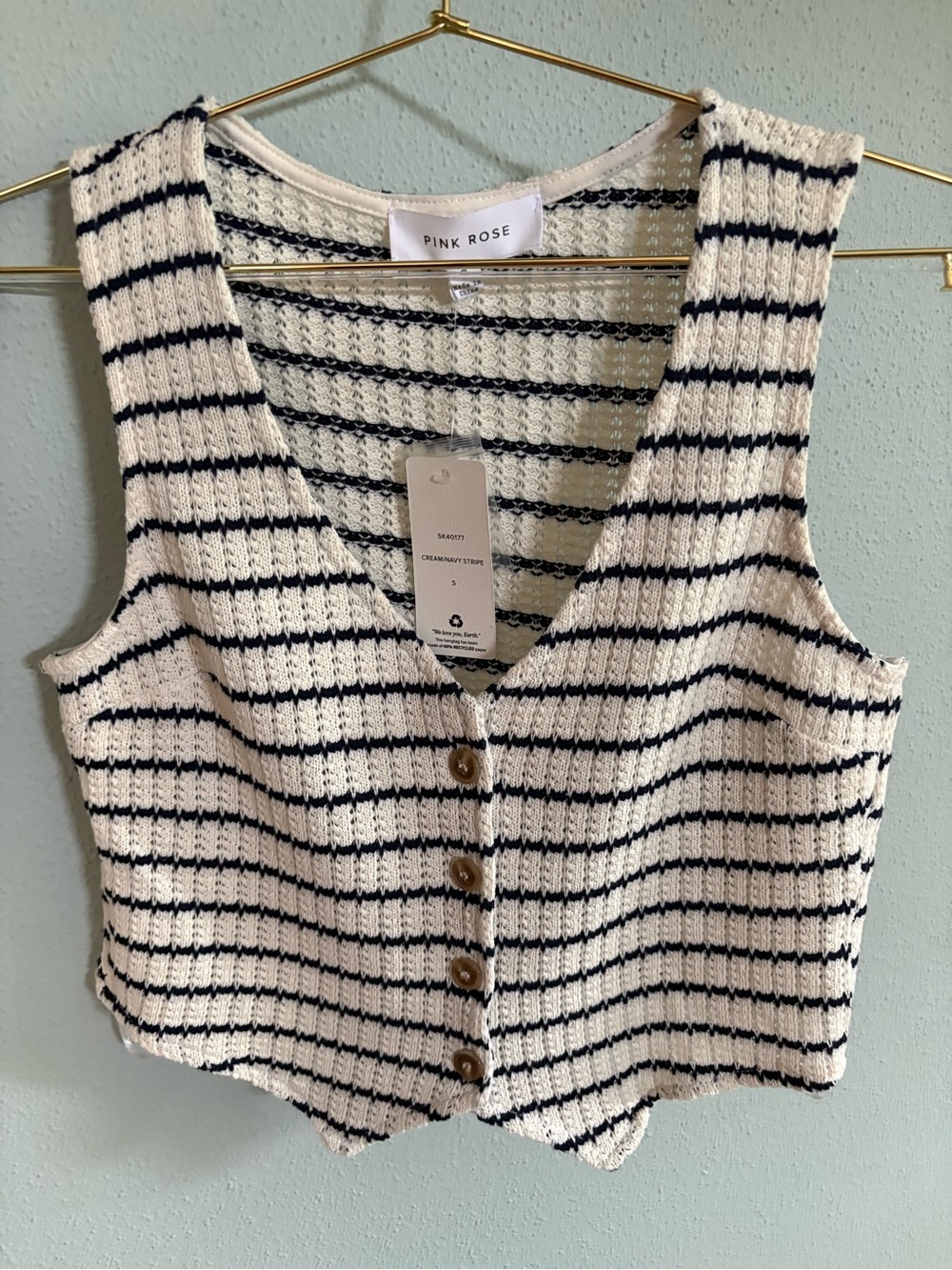 Pink Rose Cream and Black Striped Knit Button-Front Cropped Vest